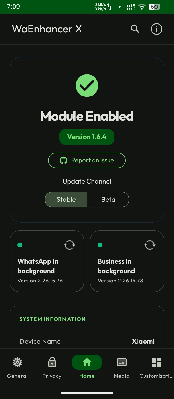 Home & Settings of WA Enhancer screenshot 1